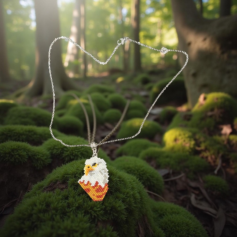 Hand Crafted Eagle Pendant Necklace with White and Orange Beads - Picture 6 of 9